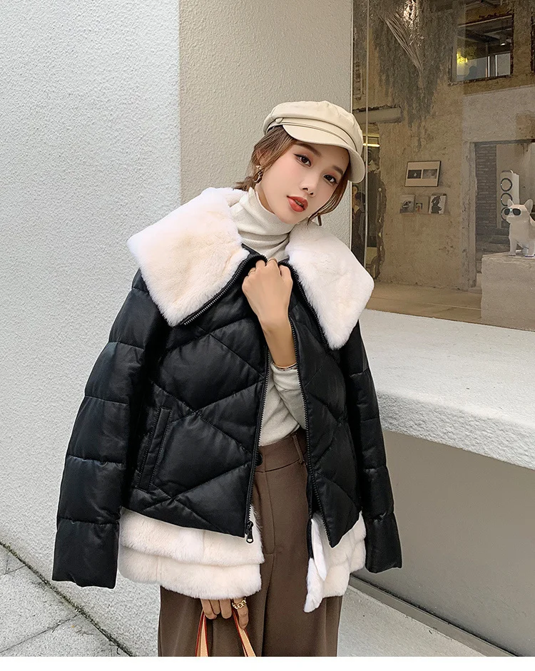 

2023 New 100% Genuine Leather Jacket Women Short Sheepskin Coat Female Warm Down Jackets Rex Rabbit Fur Collar Femme V