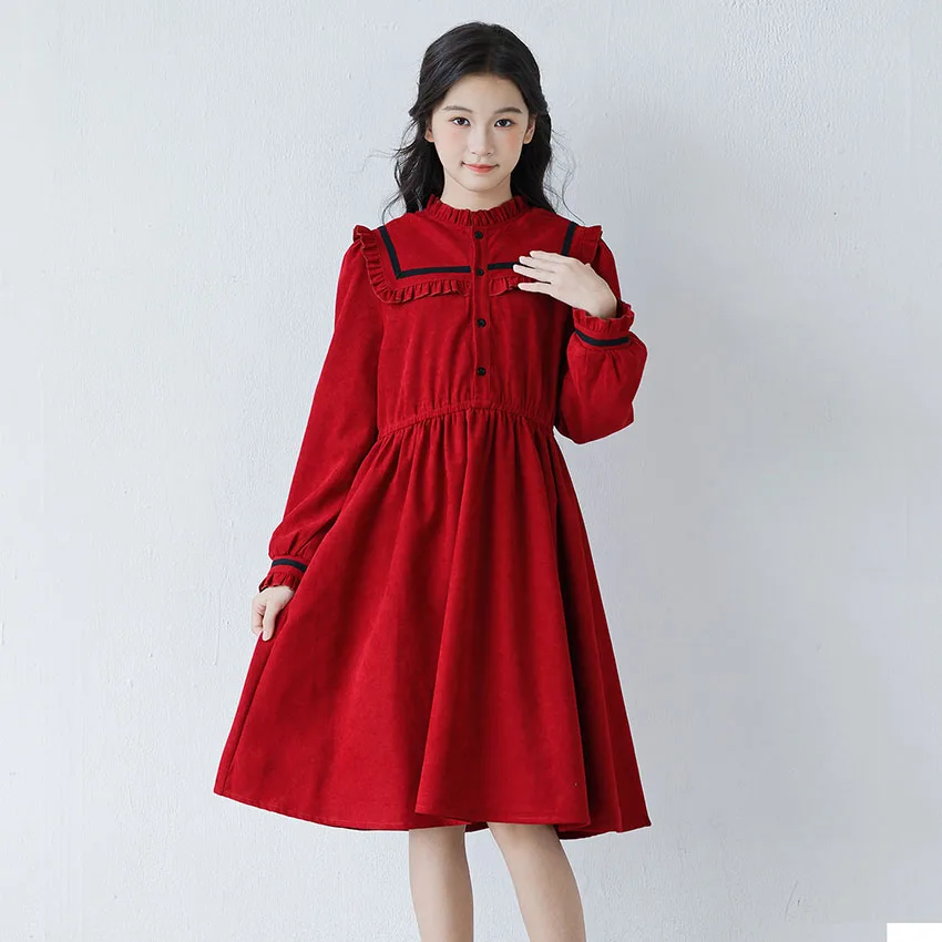 

Autumn 2025 Red Girls Dress Lace Trim Peter Pan Collar Blouse Dresses Clothes Elastic Waist Long Sleeve Party Dress For Kids