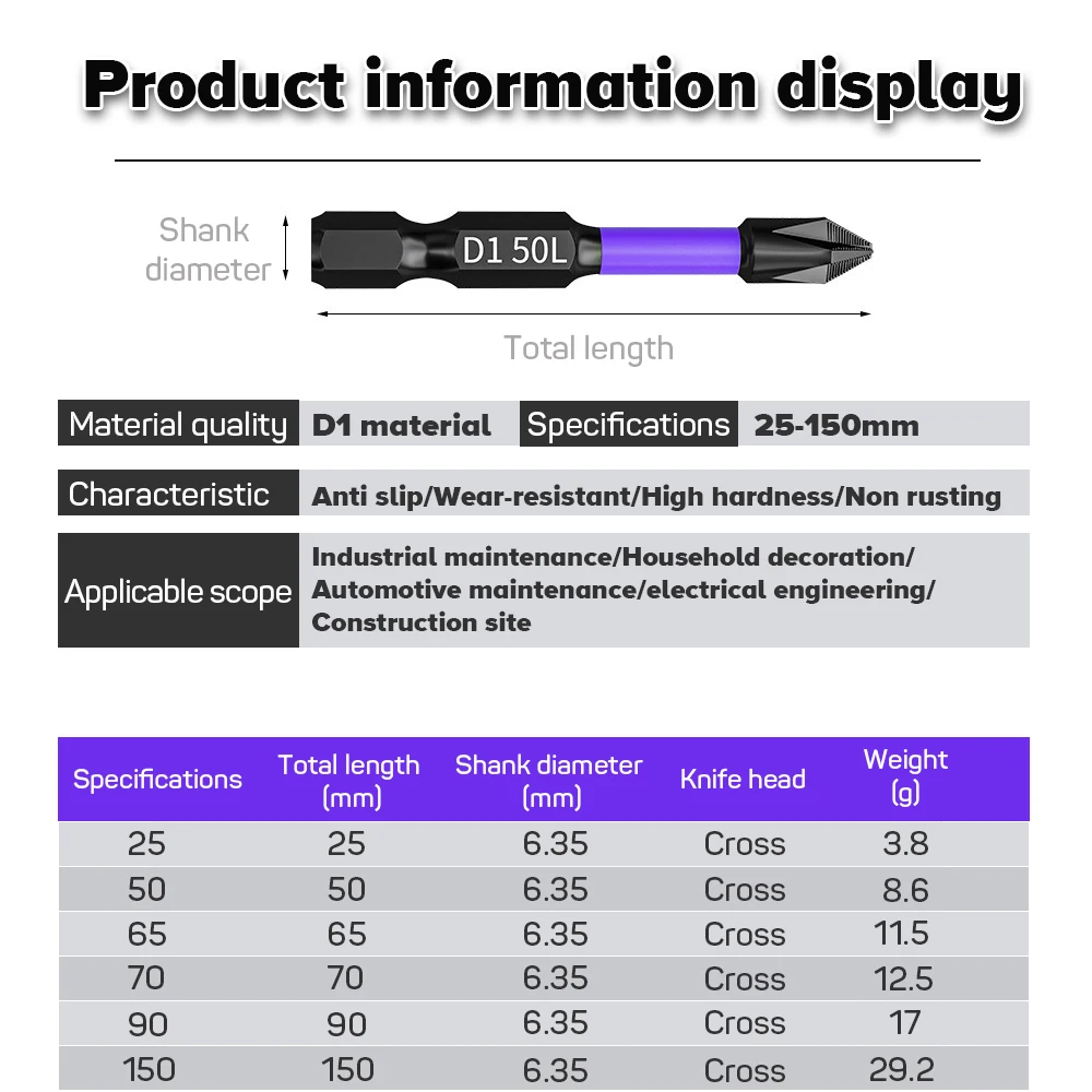 2pcs Non-slip PH2 Magnetic Batch Head Cross Screwdriver Hardness Drill Bit Screw Driver Hand Tools 25/50/65/70/90/150mm