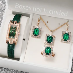 5Pcs/set Fashion Rectangle Women's Watch Slim Leather Band Quartz Watch Rhinestone Jewelry set（Without Box）