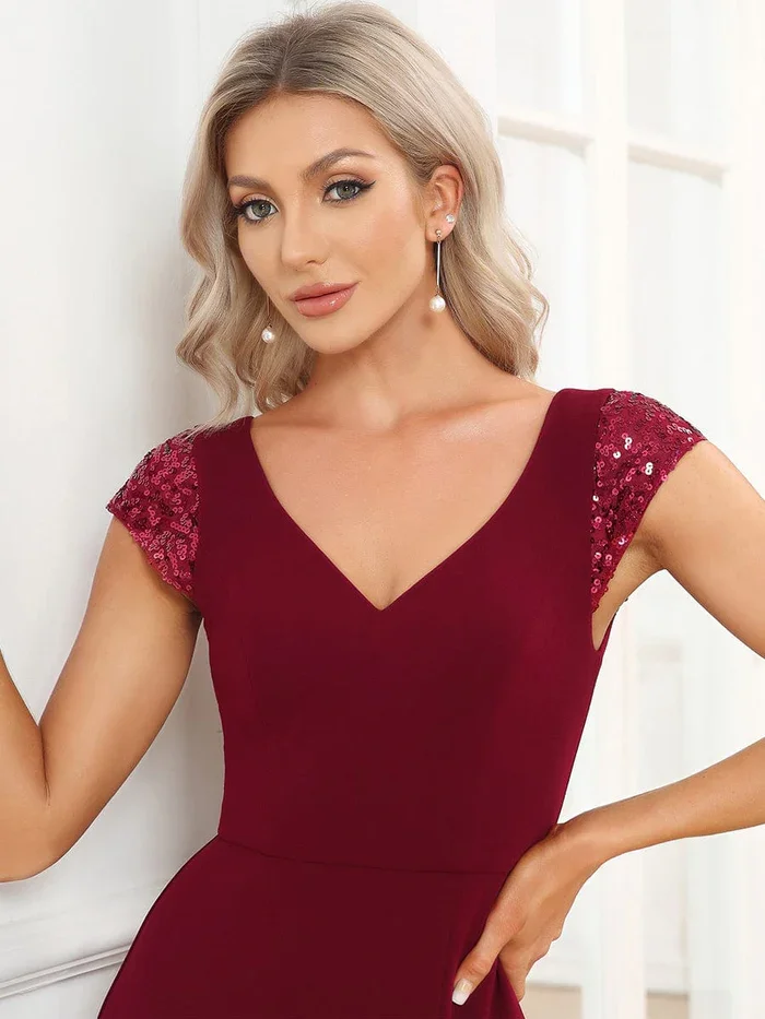 Ever Pretty 2024 Burgundy sleeveless Deep V Trail Sequin Fashion Fishtail Floor Length Evening Dress