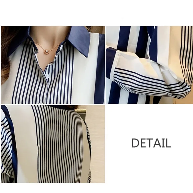 Women\'s Shirt Blue Striped Blouses for Women Long Sleeve Top Women Button Up Polo Neck Clothes Female 2023 Fashion Leisure Shirt