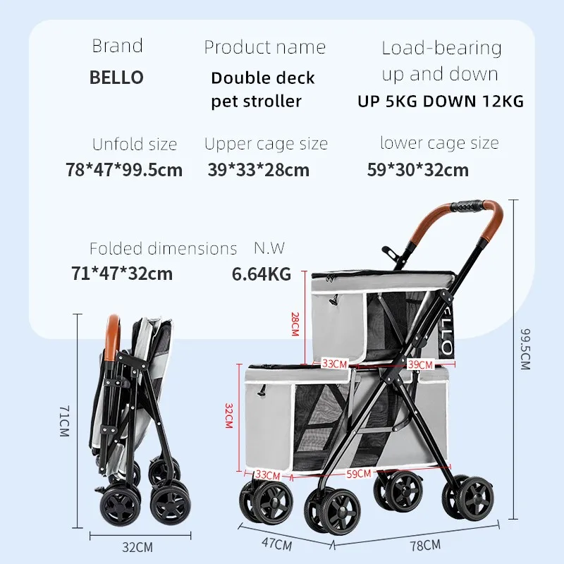 Bello Cat Double Stroller with Light Weight Double Stroller in Europe Organizer Dog Stroller for 2 Small Dogs Traveling