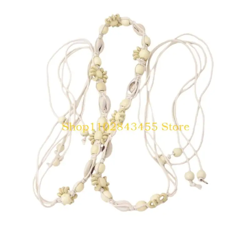 49MC Handwoven Wax Rope Waist Belt Natural Sea Shell Bead Waist Rope All Matching