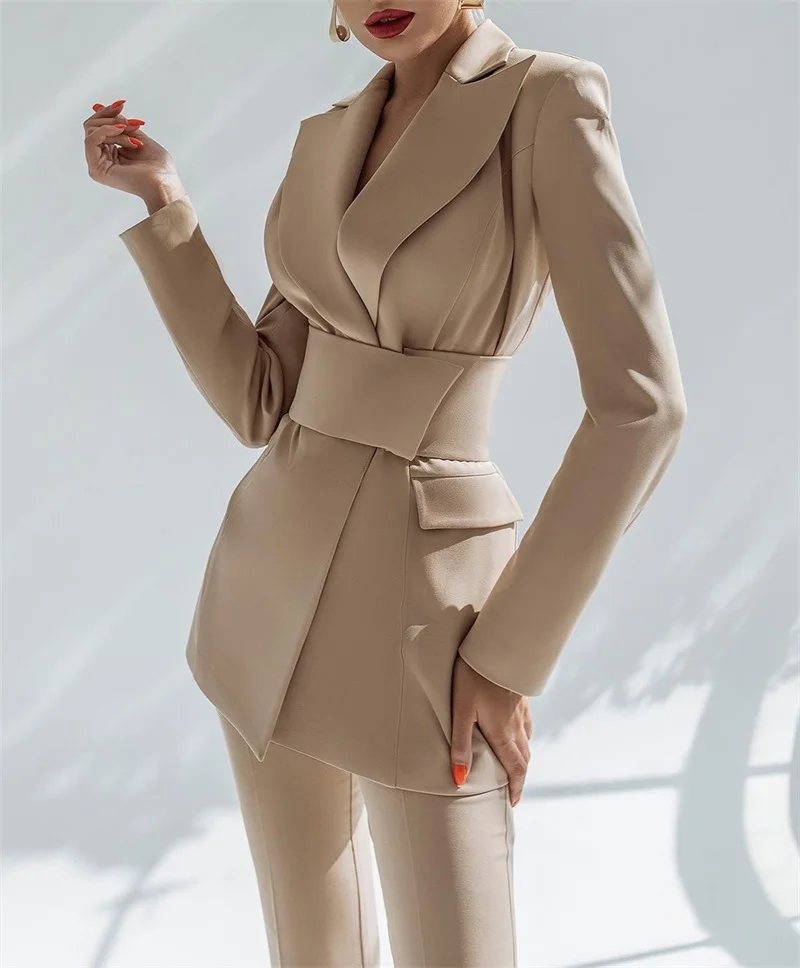 Designer Vrouwen Pak Blazer + Flare Broek Set 2 Stuks Katoenen Jas Jas Met Riem Party Prom Jurk Aangepast Formaat женский Костюм