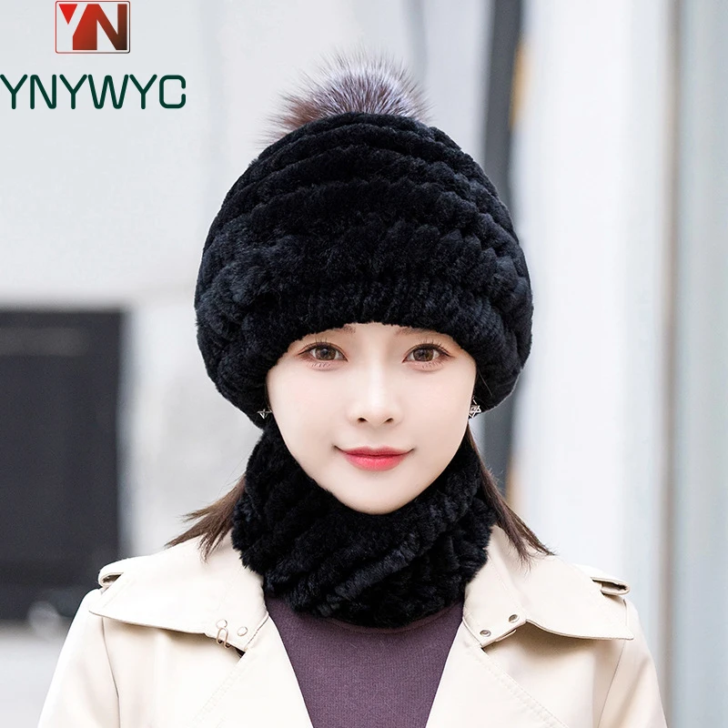 

Fashion Girl Fur Cap Lady Winter Natural Real Rex Rabbit Fur Hat Scarf Suit High Quality Women 100% Genuine Fur Hat