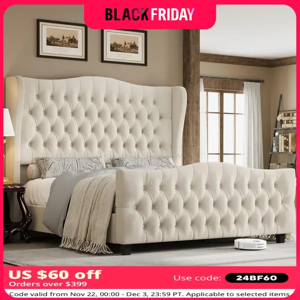 Bed Frame with Deep Button Tufted Wingback Headboard and Footboard, Velvet Upholstered Bed Frame