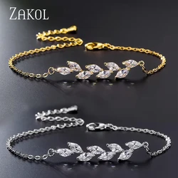 ZAKOL Trendy Silver Color Leaf Pendants Bracelets for Women Elegant Cubic Zirconia Leaf Bracelet Wedding Party Jewelry 2026