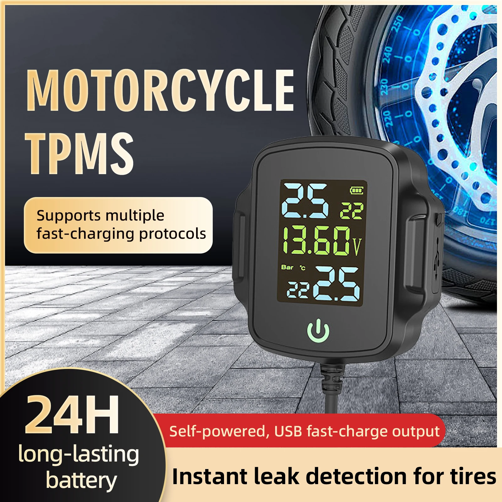 Motorbike TPMS With QC 3.0 Fast Charging USB Output Motorcycle Tire Pressure Alarm Monitor System Tyre Temperature Alarm System