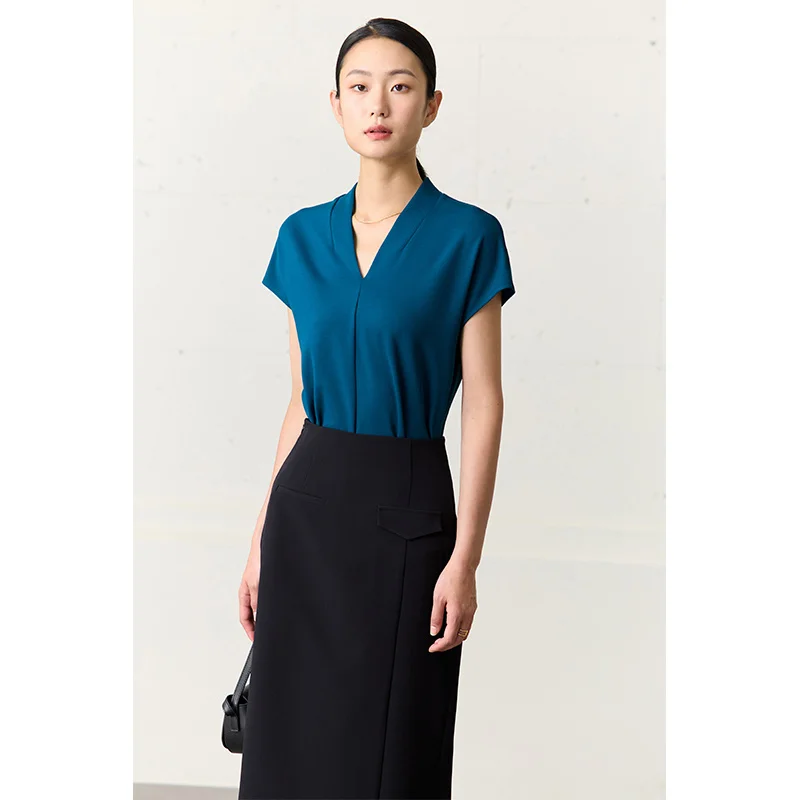 AMII Minimalismus 2026 Sommer Damen T-Shirt Klassischer Stil Lässiger V-Ausschnitt Kurzarm Einfarbig Dehnbar Damen Oberteile & T-Shirts 12612011