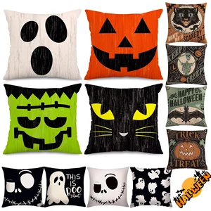 4PCSハロウィーン枕カバー18*18インチリネンブレンドスロー枕カボチャ猫のゴーストパターンクッションカバー 8つのベストセールスハロウィーン枕カバー-6