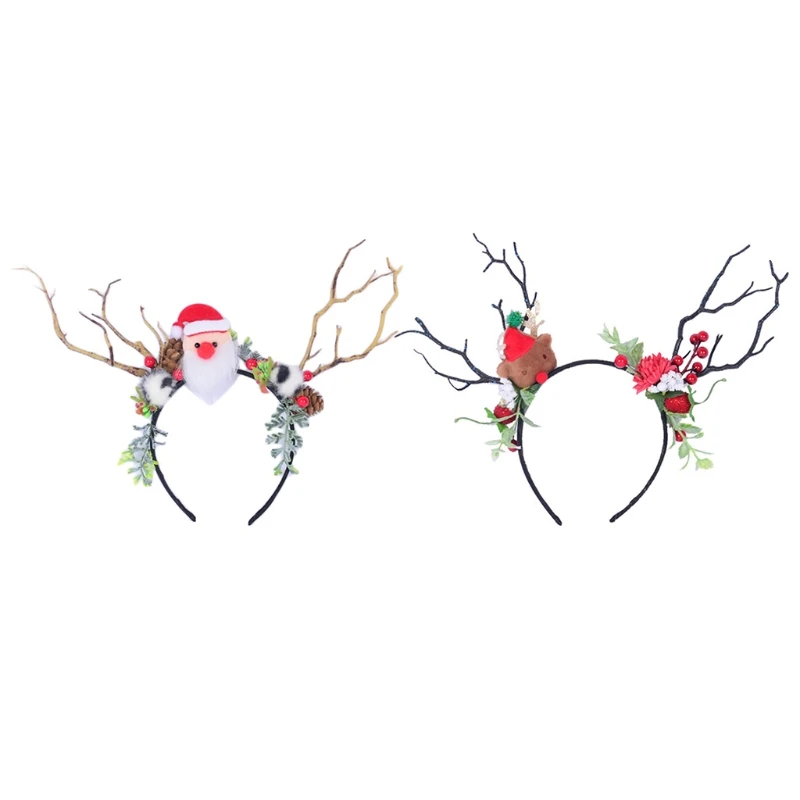 

Christmas Deer Antlers Headbands Reindeer Headdress Elk Hairband with Santa Bear Flower Holiday Photo Props Drop shipping