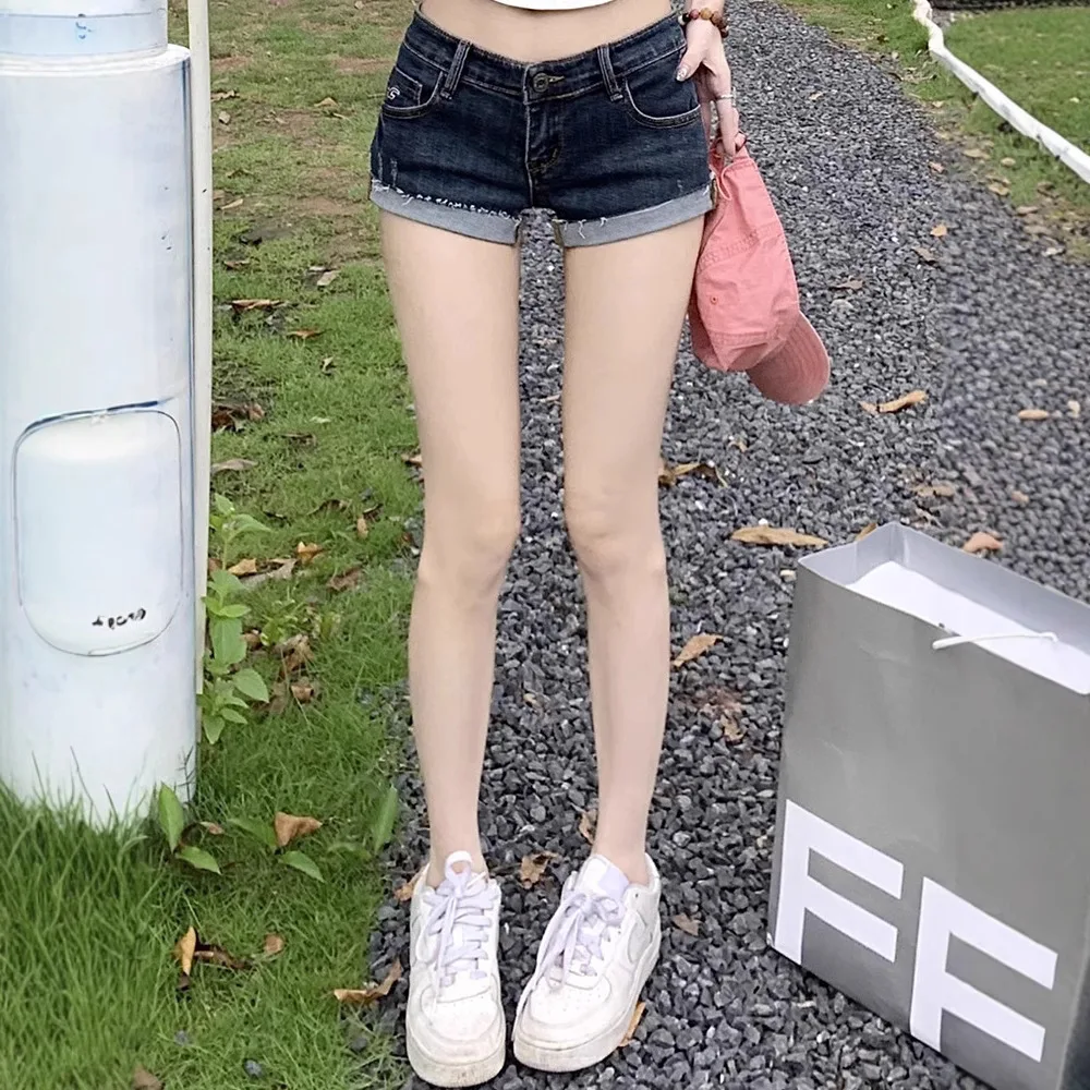 여름 신상 여성 한국 데님 반바지 로우 웨이스트 밴딩 슬림 핫팬츠 섹시 딥 블루 힙 랩핑 청바지