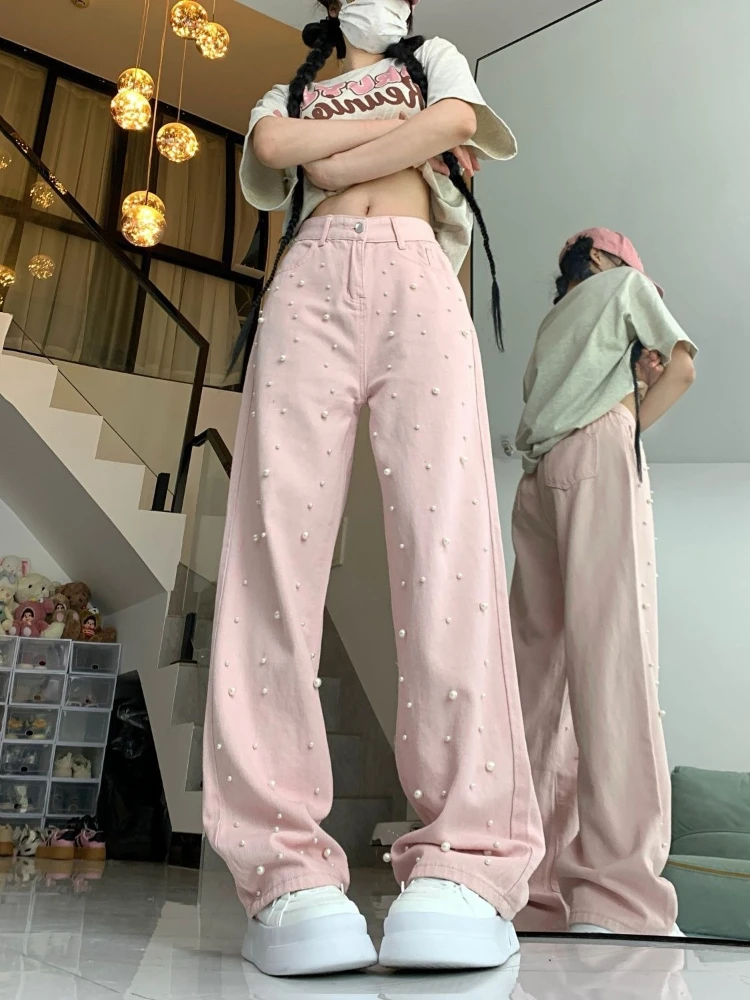 

Women's Pearl Embellished Jeans Pink Wide Leg Denim Pants Vintage Y2k Baggy Floor Length Trousers Summer High Waist Streetwear