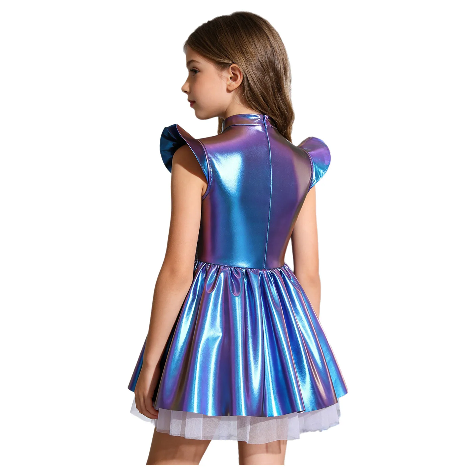 Kids Girls Alien Robot Dress Outer Space Costume Glossy Metallic Ruffled Mesh Tutu Dress Halloween Cosplay Theme Party Dress Up