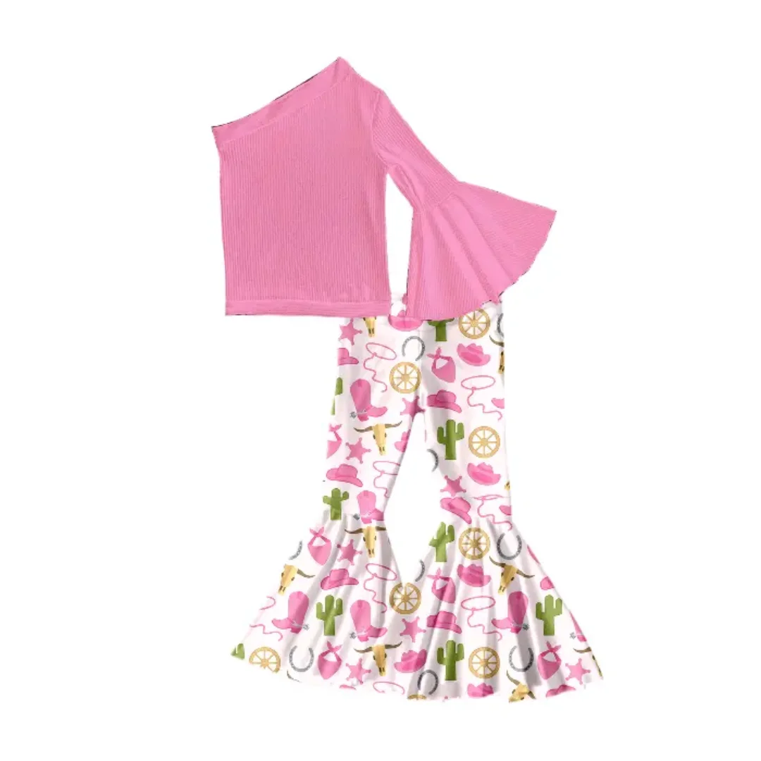 Summer Baby Girls Pink Set Flower Print Ruffle Sleeve Slanted Shoulder Top Flared Pants 2-Piece Set