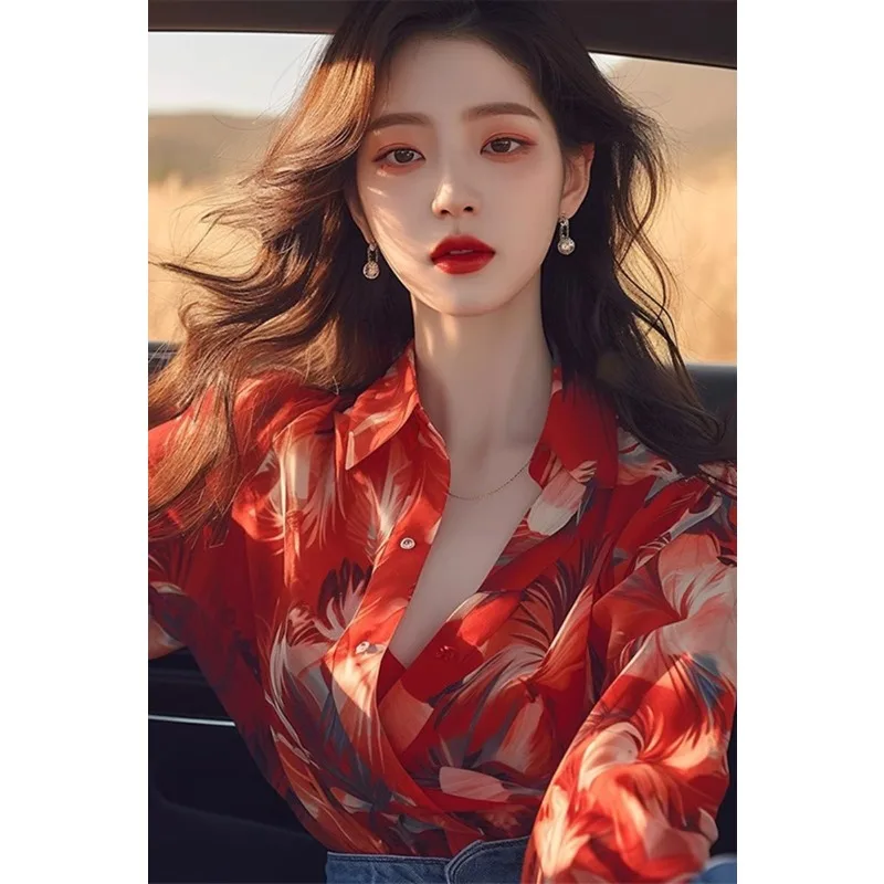 

Summer French Tops Fashionable Chiffon Printed Shirt