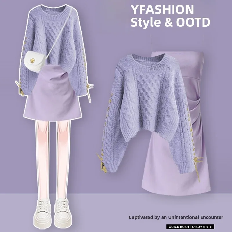 

Slimming Purple Sweater And Belted Midi Skirt Set Early Autumn Faion Ensemble for Petite Women V Ne Long Sve Polyester...
