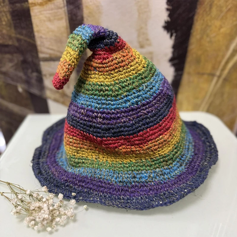 

Nepal Handmade Rainbow Straw Hat Colorful Cotton Linen Weaving Women's Sunshade Hat, Wizard Hat, Pointed Fisherman Hat Foldable