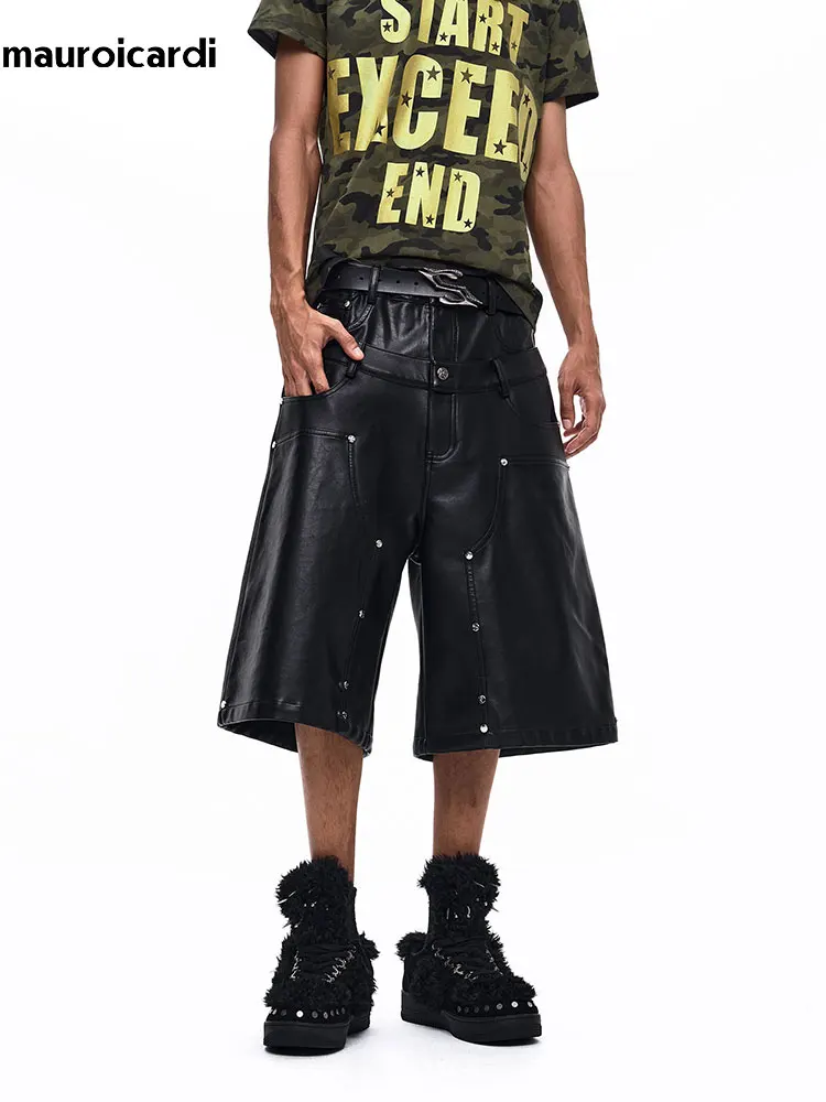Mauroicardi Spring Summer Cool Patchwork Pu Leather Wide Leg Shorts for Men Double-waist cross Rivet Luxury Designer Emo Clothes