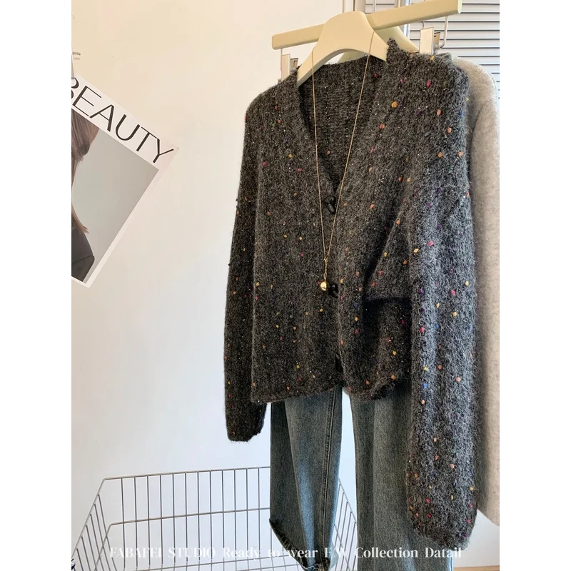 

Нежный стильный красочный меховой шарик с v-образным вырезом для женщин осень-зима, мягкий восковый вязаный свитер из мохера, куртка