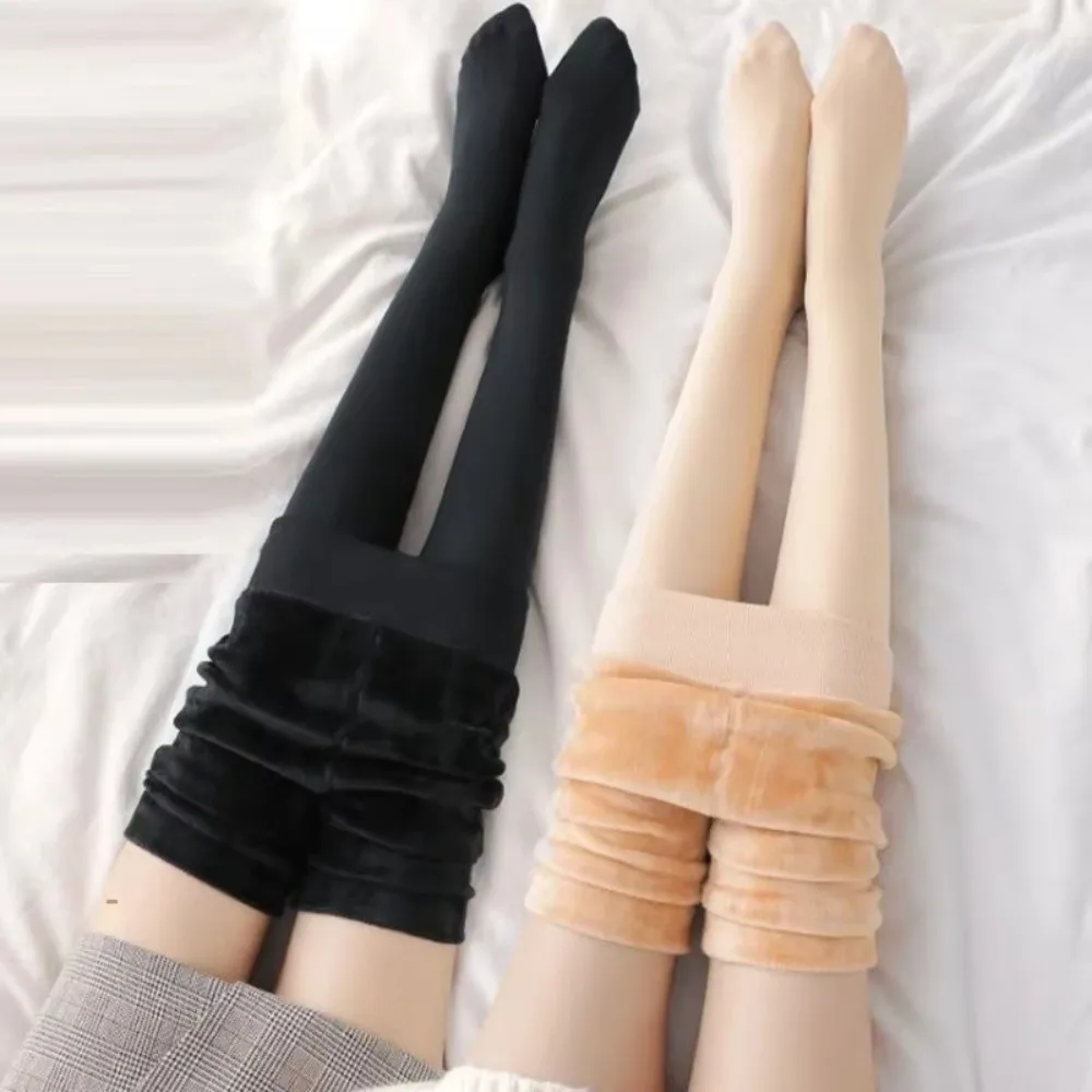 

New Elastic Fleece Lined Leggings Solid Color High Waist Thermal Leggings Thickened Keep Warm Women's Pantyhose for Women