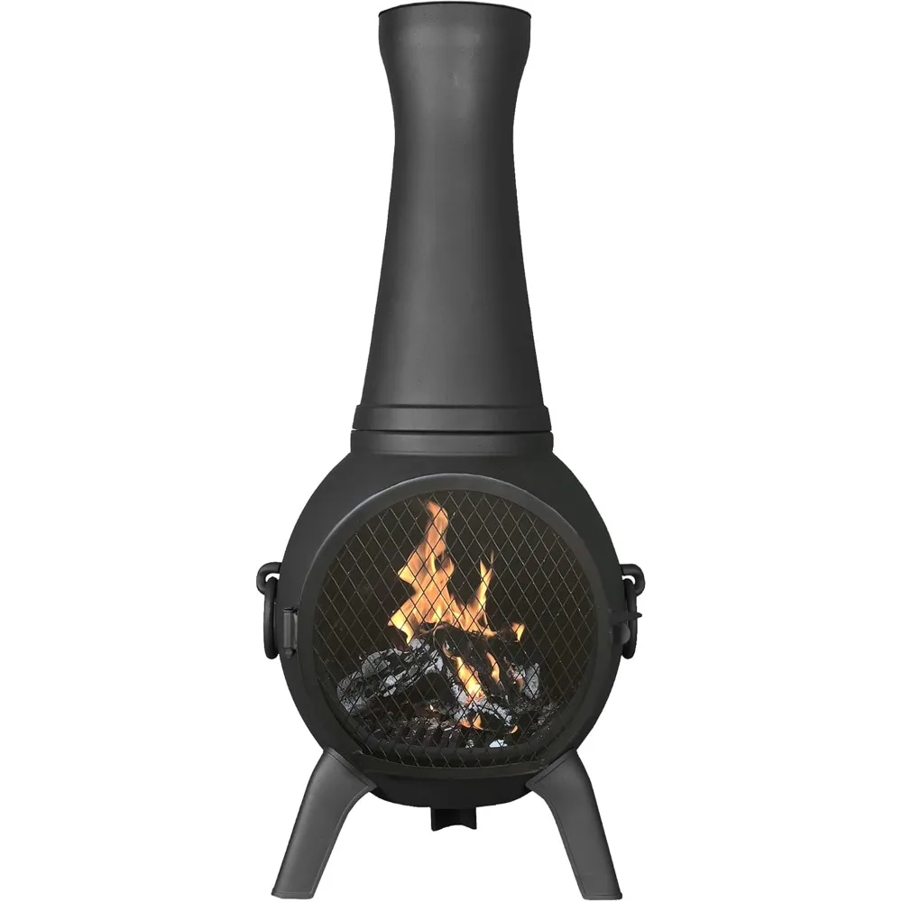 Prairie Fire Chiminea Outdoor Fireplace - Wood Burning Cast Aluminum Deck or Patio Firepit Black