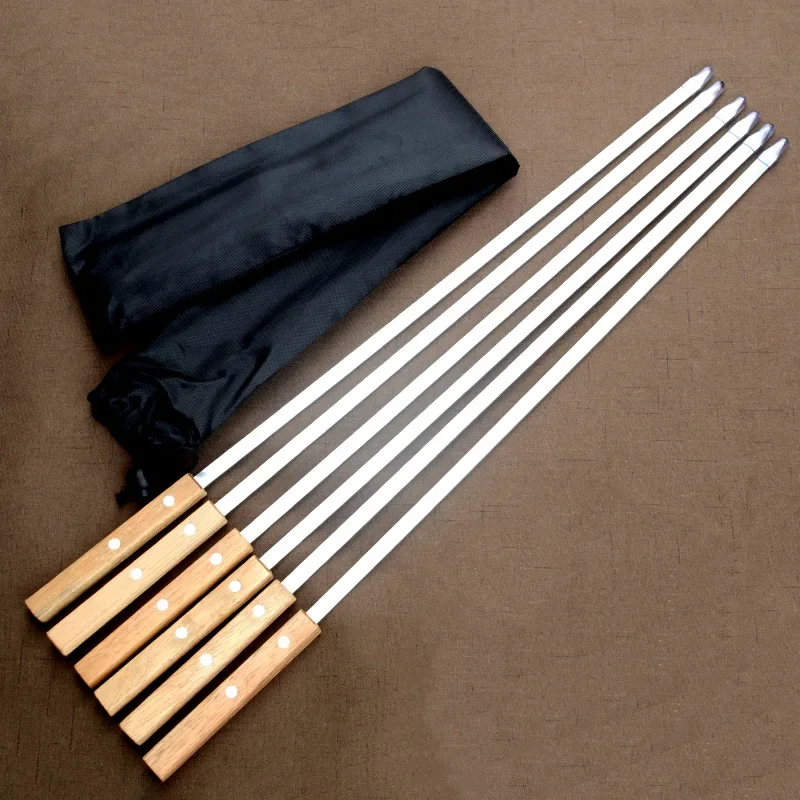 6Pcs/Set Barbecue Meat String Skewer Chunks Of Meat Stainless Steel Natural Beech Handle Roast Stick For BBQ Outdoor Picnic 60cm