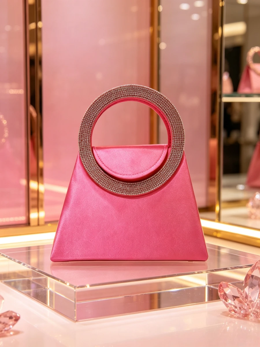Bolso de mano trapezoidal de satén rosa intenso con asa circular de diamantes de imitación, mini clutch de noche elegante para damas de mediana edad