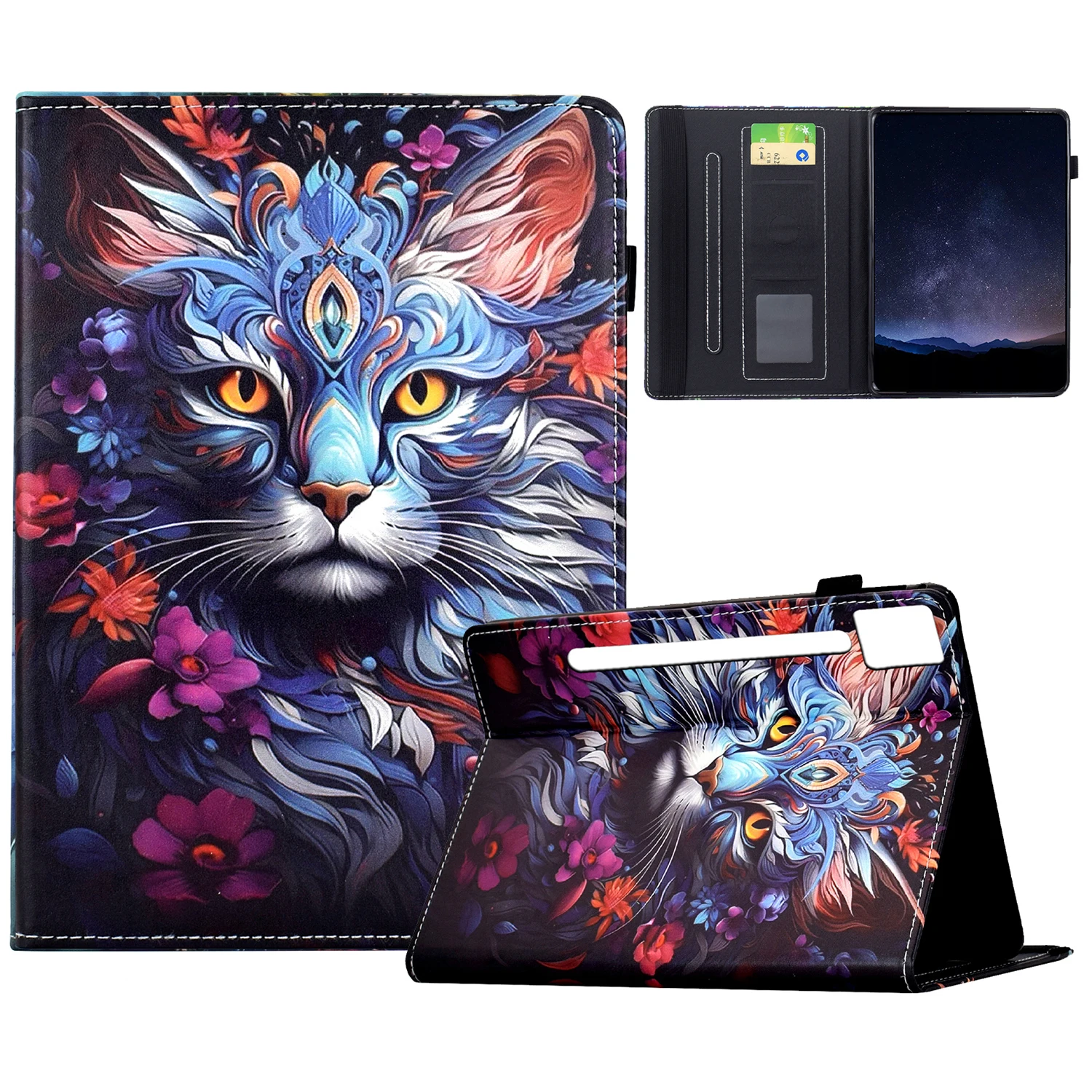 

For Lenovo Idea Tab Pro / Tab P12 Pro Gen 2 Leather Case Pattern Print Card Slots Stand Auto Sleep Wake Tablet Cover - Colorful