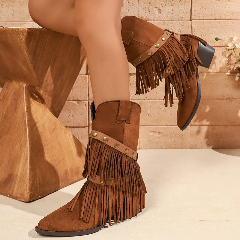 Vintage Tassel Trousers Booties Women Fall/Winter 2026 New Western Denim Single Shoes - view 2