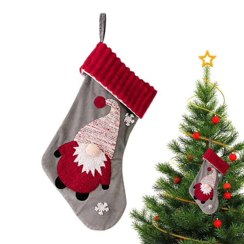 Christmas Gnome Stockings Velvet Fireplace Hangings Stockings Gift Bag Christmas Theme 3D Gift Holding Bag For Holiday Family