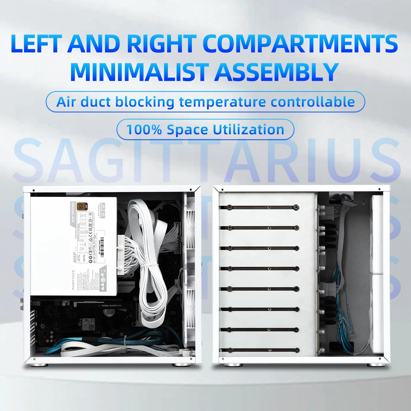 Sagittarius 8-bay NAS Chassis with ATX Power Supply, MATX Motherboard, Full-height PCIE, 21.8L