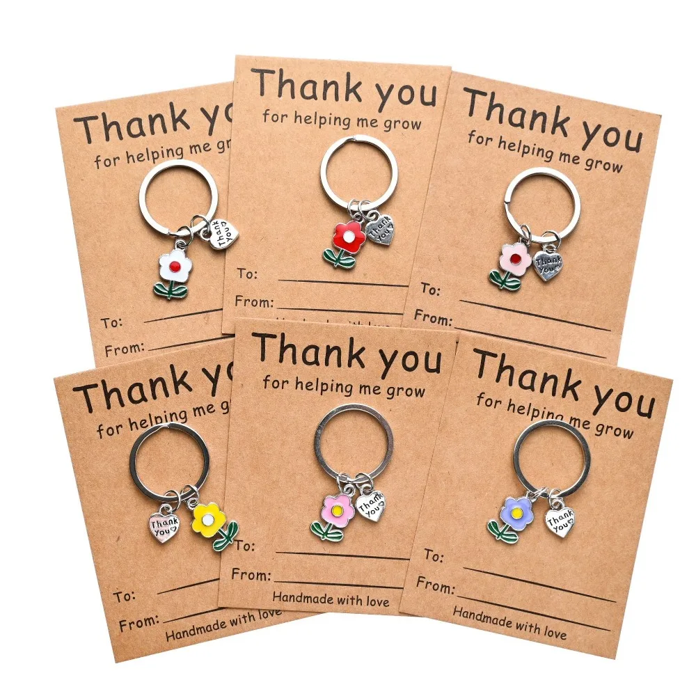 Teacher Gift Keychain Set Enamel Thank You Engraved Heart Charm Key Ring with Thank You Card for Teachers Day Graduation Gift