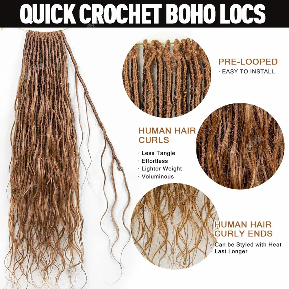 Boho Locs con capelli umani Estremità ricci Estensioni trecce finte pre-loop Senza nodi Morbida dea Intrecciatura all'uncinetto Capelli Onda del corpo