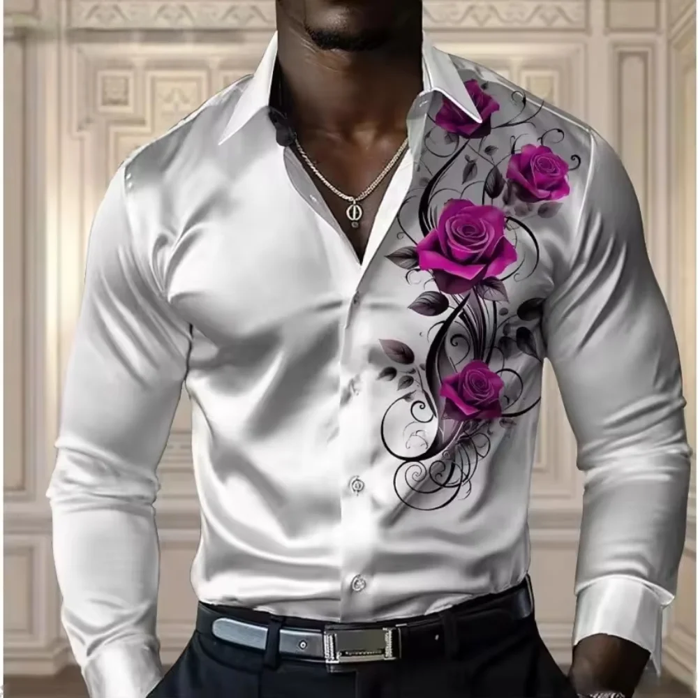 

Men's 3D floral print pattern shirt, men's fashionable casual long sleeved shirt, comfortable, lapel, button, plus size shirt