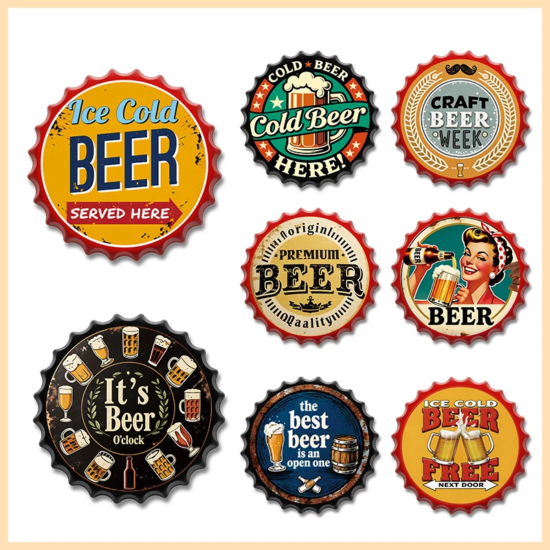 Vintage Beer Bottle Cap Metal Tin Sign, 35x35cm Ice Cold Beer Round Wall Art Decor, Bar Pub Man Cave Decorative Plaque for Home