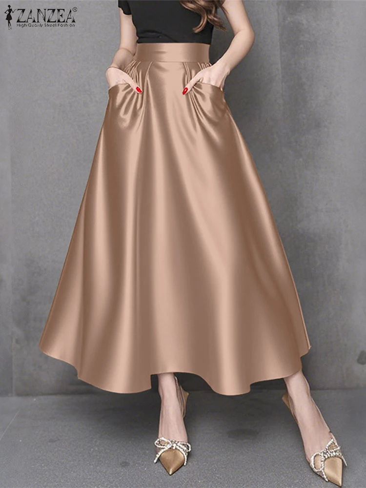 Stylish Women Maxi Long Skirts 2025 ZANZEA Elegant Party Satin Jupe Summer High Waist Holiday Robe Solid A-line Work Faldas Saia