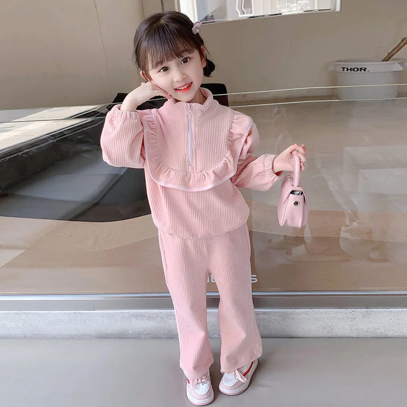 Girl Clothing Set Korean 2024 Autumn Corduroy Girl\'s Suit Sweater + Pants Fashionable Small Fragrance Girl\'s Two Pieces Set