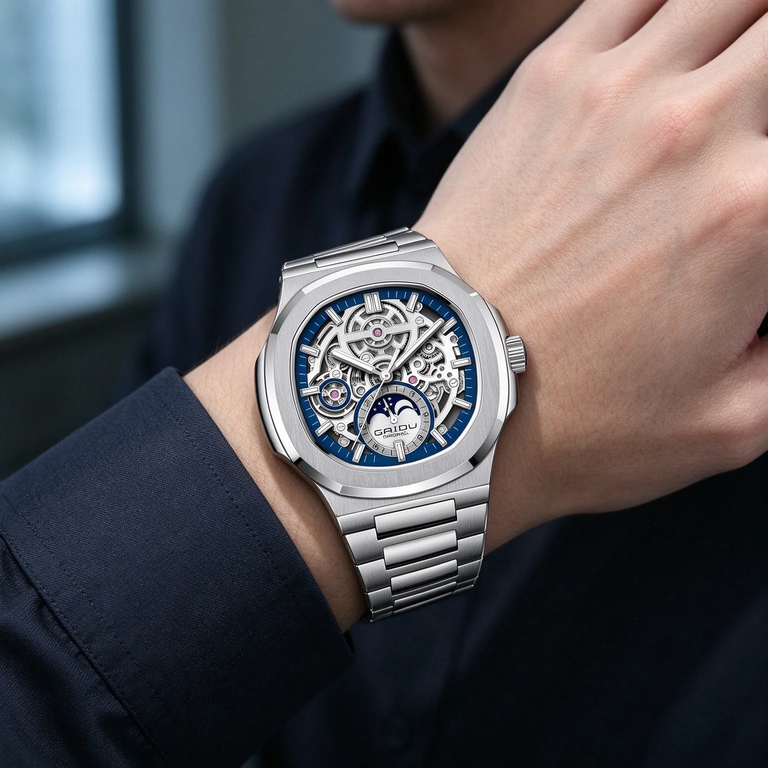 Men Quartz Watch Stainless Steel Bracelet Skeleton Dial Moon-Phase Luminous Analog Sports Business Octagonal Wristwatch Reloj