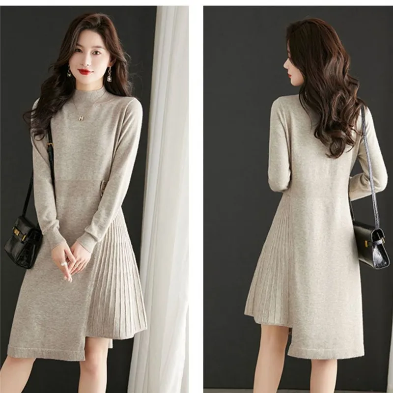 Plus Size Sweater Skirt Women\'s 2025 New Female Dress In Autumn  Winter Long Semi-high Neck Slim Versatile Knit  Vestidos