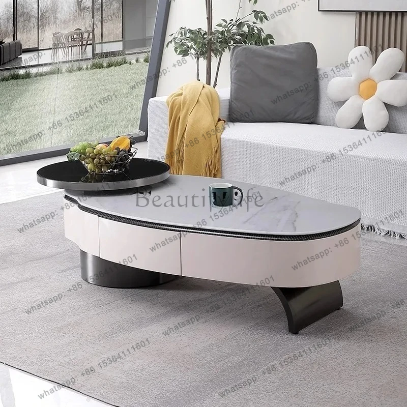 light luxury modern high-end marble microcrystalline stone coffee table living room home rotating double drawer tea table