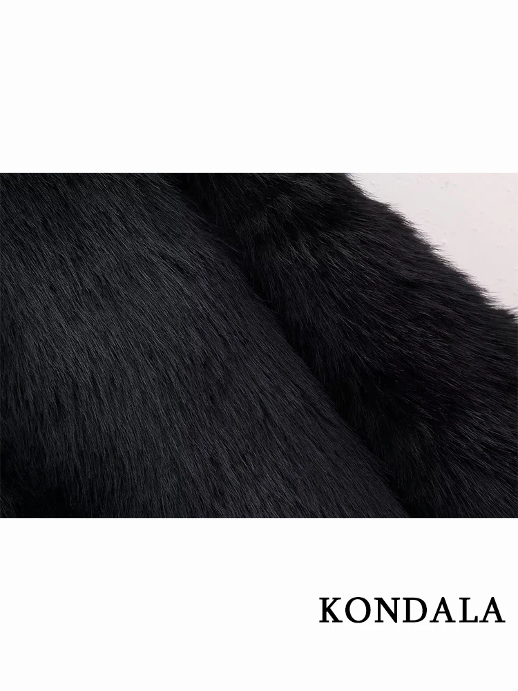 KONDALA Vintage Black Faux Fur Leather Night Party Cardigan Fashion 2023 Autumn Chic Luxury Jackets V Neck Elegant Women Outwear