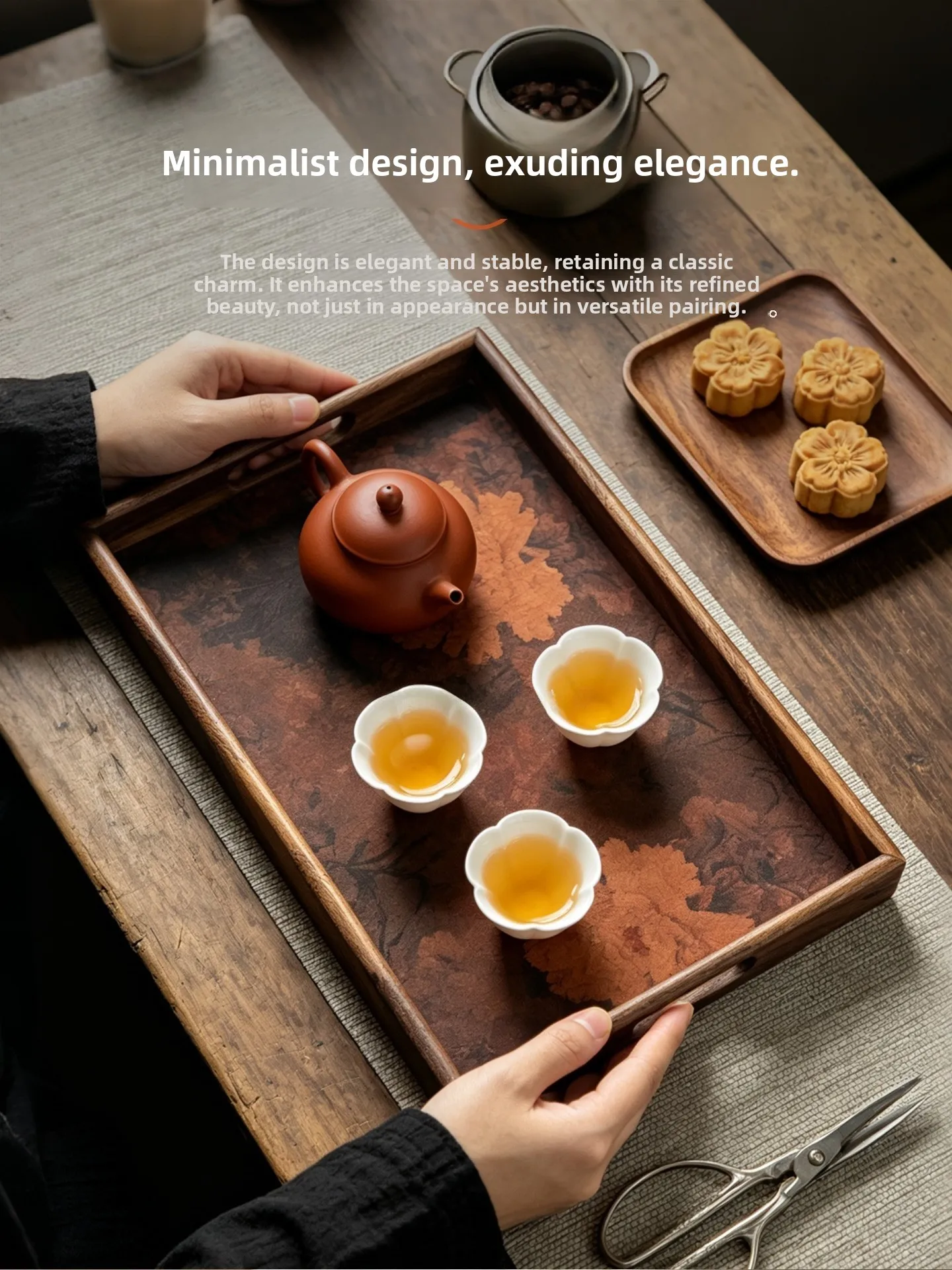 Handmade Cherry Wood Rectangular Tea Tray Vintage Floral Pattern Storage Tray Wooden Luxury High End Display Tray Wooden Plate