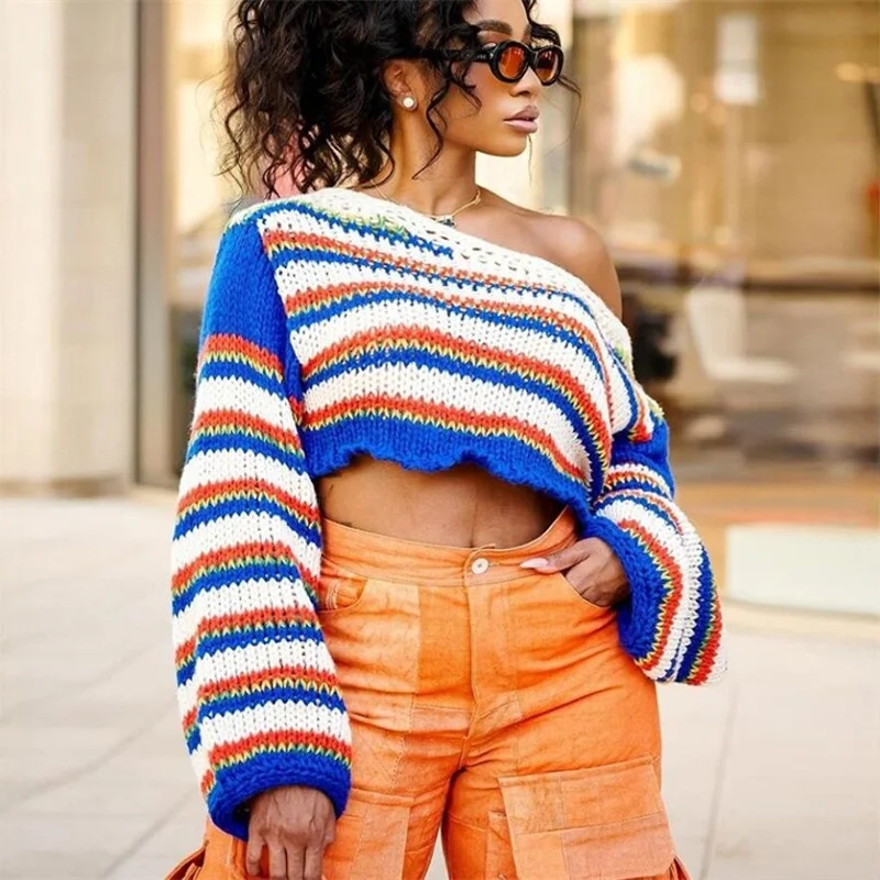 

Fashionable Warm Long Sleeve Knitted Sweater Women's Overhead Top Street Style Loose Fit Stripe Pattern Autumn Winter Wear