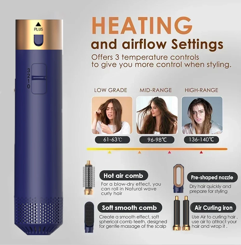 5 في 1 مجفف الشعر مشط الهواء الساخن لتجعيد الشعر الاحترافي وتمليسه مع مرفقات قابلة للفصل مجففات الشعر استشوار
