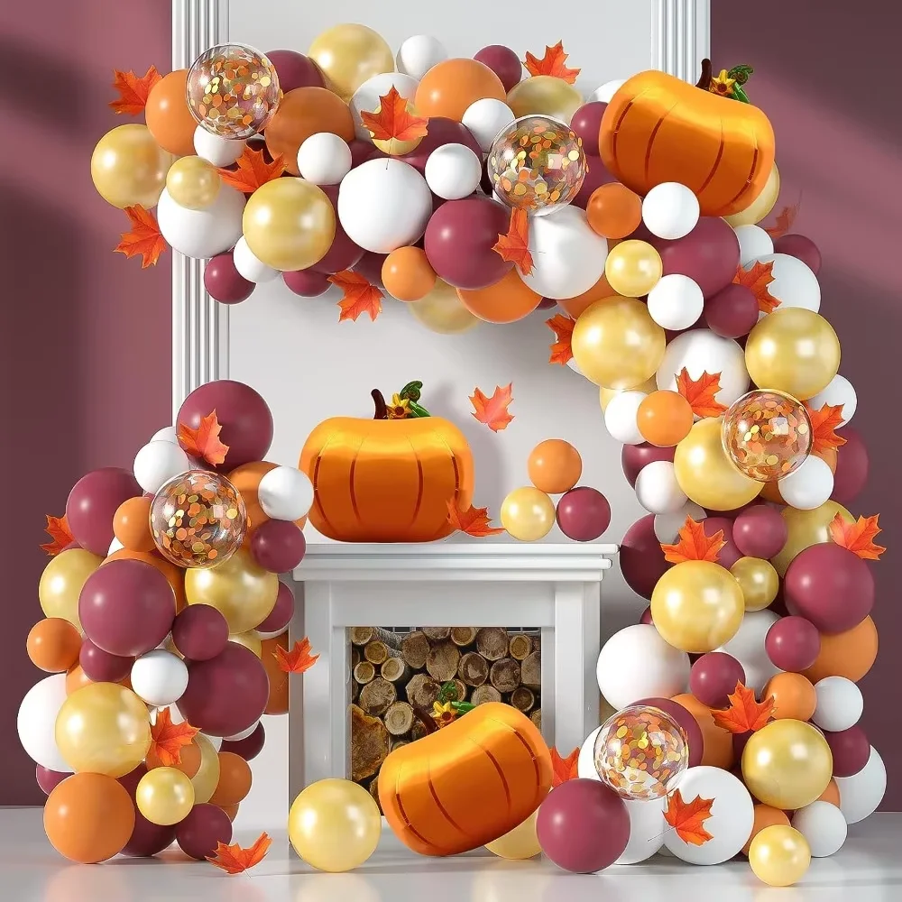 136PCS Herbst Ahornblatt Ballon Girlande Set Orange Weiße Perle Gold Ballon Kranz Set für Geburtstag und Thanksgiving Dekoration