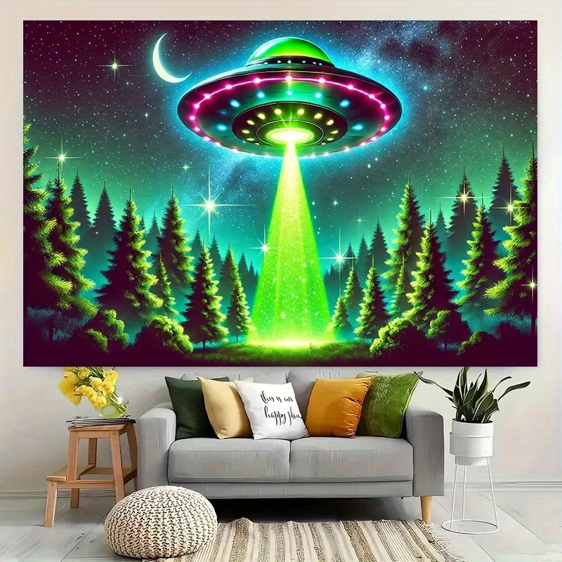 VIKAMA Psychedelic UFO Tapestry Alien Forest Galaxy Wall Hanging Aesthetic Background Cloth for Bedroom Dorm Home Decor