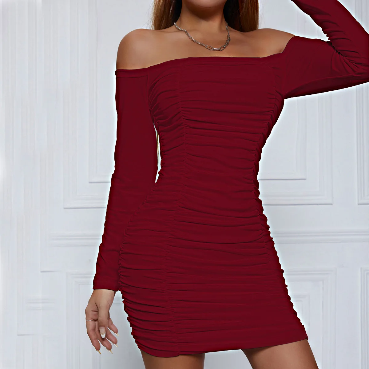2024 Women\'s Autumn One Piece Neck Long Sleeve Folded Temperament Bag Hip Skirt Sexy Off Shoulder Wrap Chest Short Skirt Dress