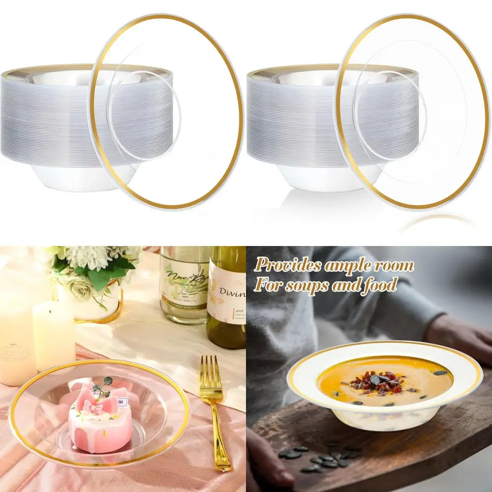 

150 Pack Clear 12 oz Plastic Party Bowls - Gold Rimmed Disposable Tableware for Events, Parties, Weddings